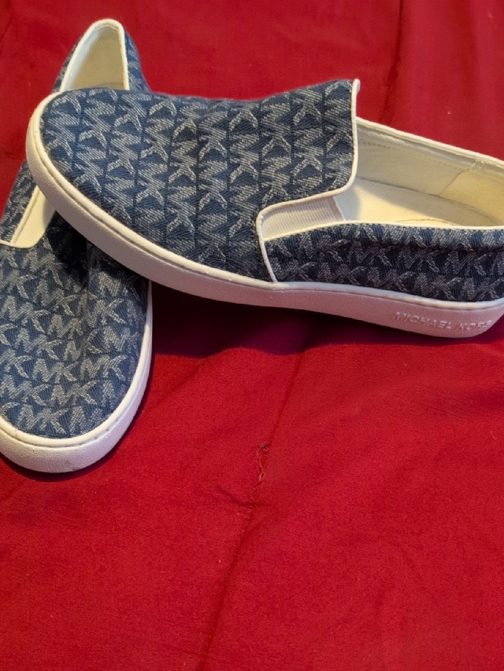 Michael Kors Denim Logo Slip-On Sneakers in Blue and White